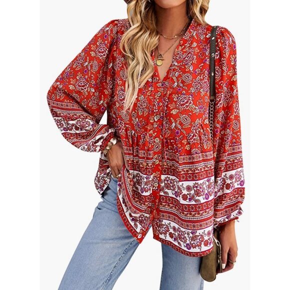 Red Boho Floral Printed Tie V-Neck Loose Flowy Long Sleeve Top Blouse - Picture 3 of 5